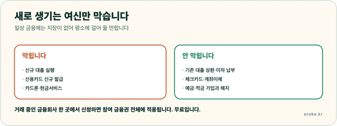 여신거래 안심차단이 신규 대출과 카드 발급을 막지만 기존 대출 상환과 예금 거래, 체크카드 사용에는 영향이 없다는 범위를 표시한 그림