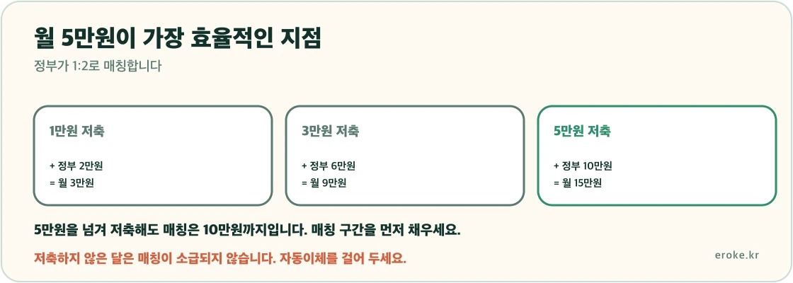 디딤씨앗통장이 월 5만원 저축에 정부가 1대 2로 매칭해 월 15만원이 쌓이고 만 18세 이후 정해진 용도로 쓸 수 있다는 구조를 표시한 그림