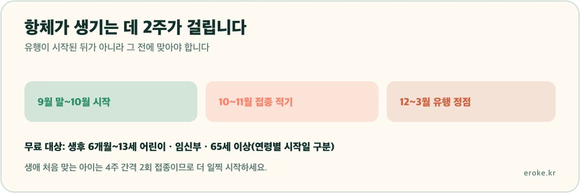 독감 예방접종이 9월 말에서 10월에 시작해 항체 형성에 2주가 걸리므로 유행 전인 10월에서 11월에 맞는 것이 좋다는 시기를 표시한 그림