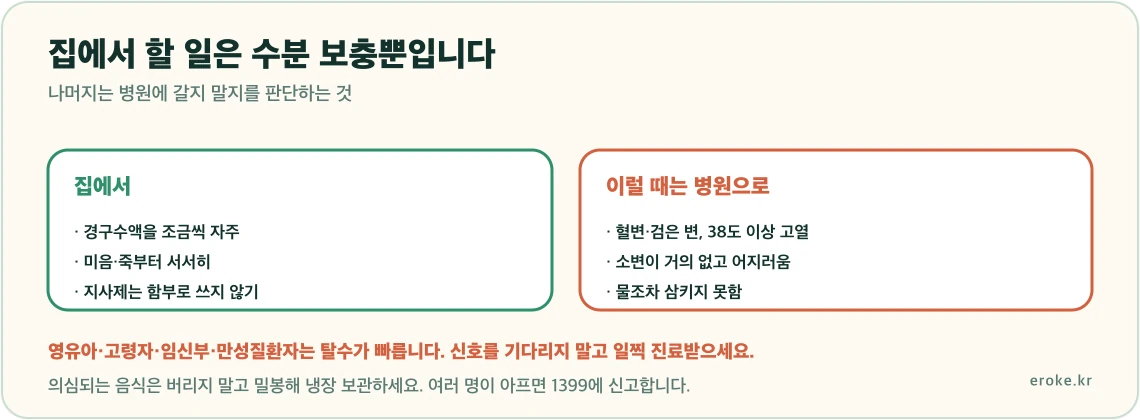 식중독 의심 시 수분과 전해질을 조금씩 자주 보충하고 지사제를 함부로 쓰지 않으며 혈변 고열 탈수 징후가 있으면 병원에 가야 한다는 판단 기준을 표시한 그림