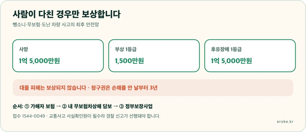 정부보장사업이 뺑소니, 의무보험 미가입, 도난 무단운전 사고의 인적 피해만 보상하고 대물은 제외되며 청구권은 안 날부터 3년이라는 범위를 표시한 그림
