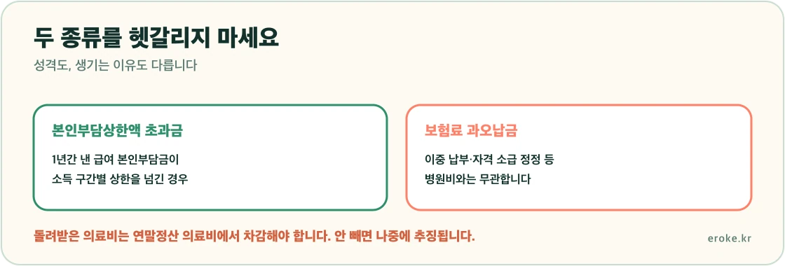 건강보험 환급금이 본인부담상한액 초과금과 보험료 과오납금으로 나뉘고 각각 성격이 다르며 청구권에 소멸시효가 있다는 구분을 표시한 그림
