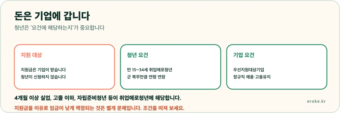 청년일자리도약장려금이 기업에 지급되는 인건비 지원이고 취업애로청년 요건에 해당하는 청년을 정규직 채용할 때 적용된다는 구조를 표시한 그림