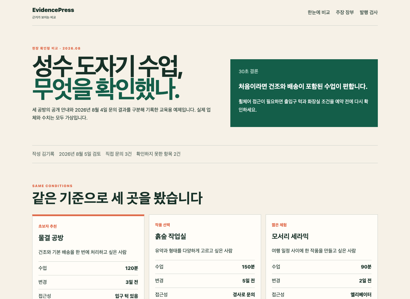 같은 기준으로 세 가상 공방을 비교하고 적용 조건을 먼저 보여 주는 EvidencePress 실습 화면