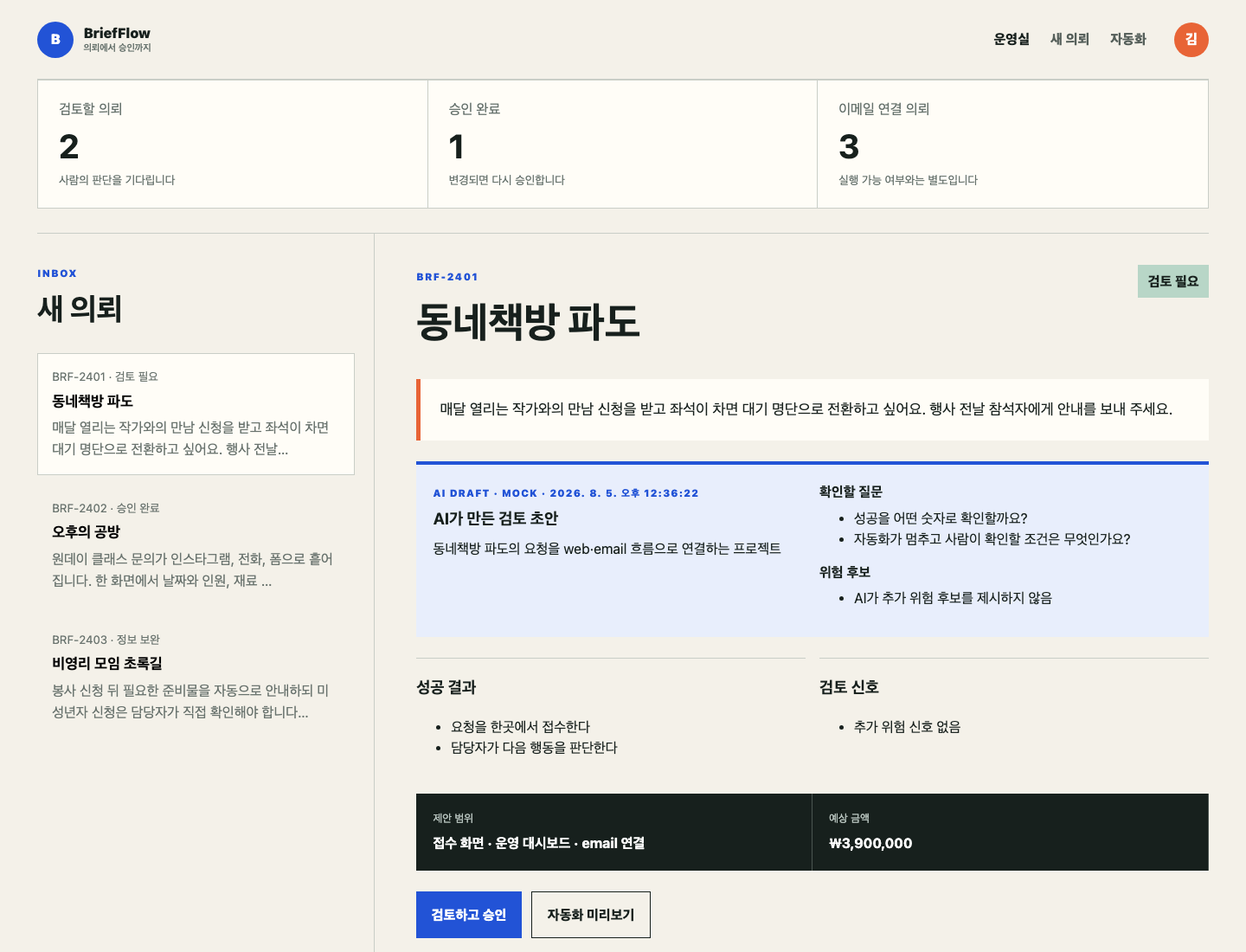 실행 중인 BriefFlow 운영 대시보드