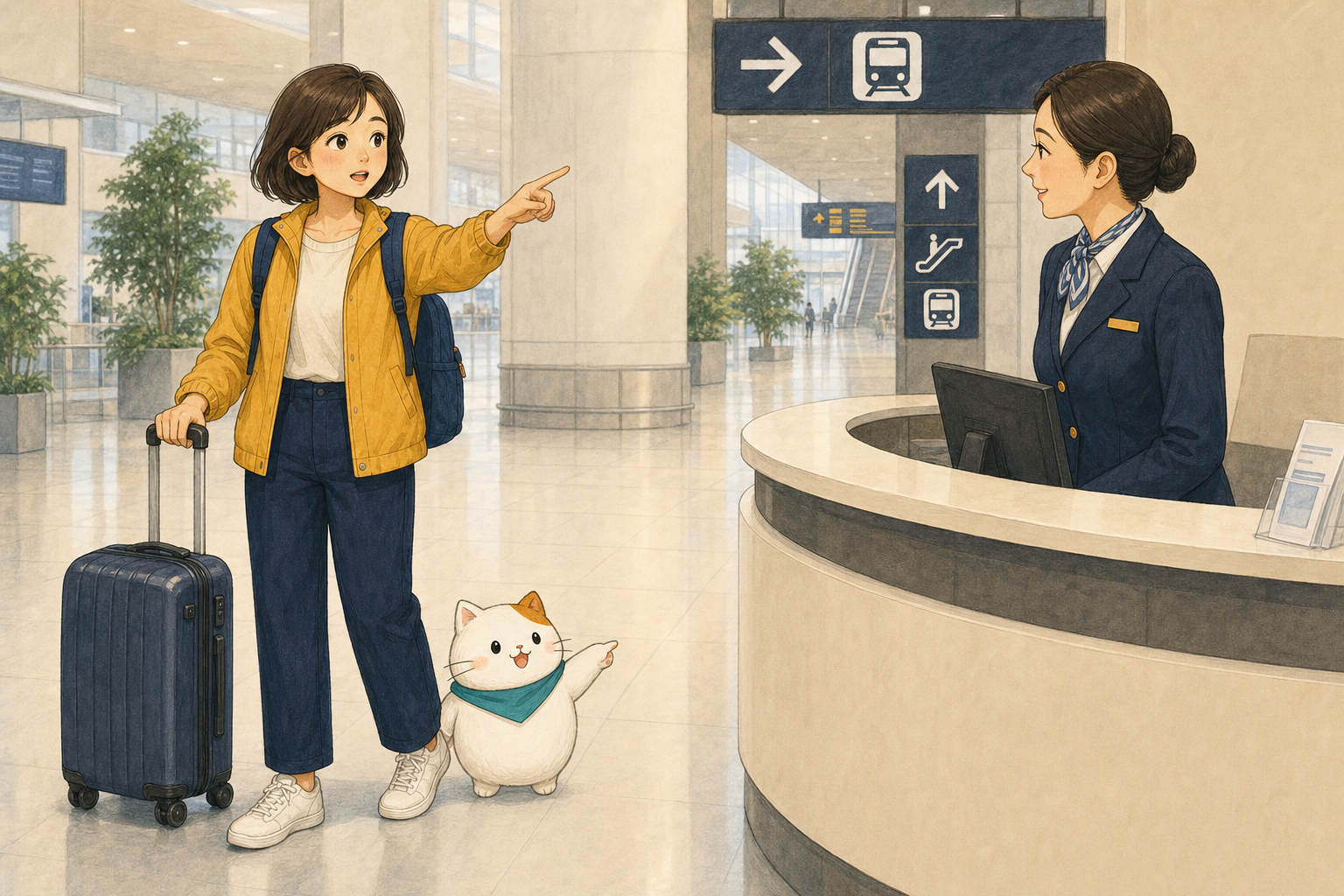 공항 안내 데스크에서 전철역 방향을 묻는 민지