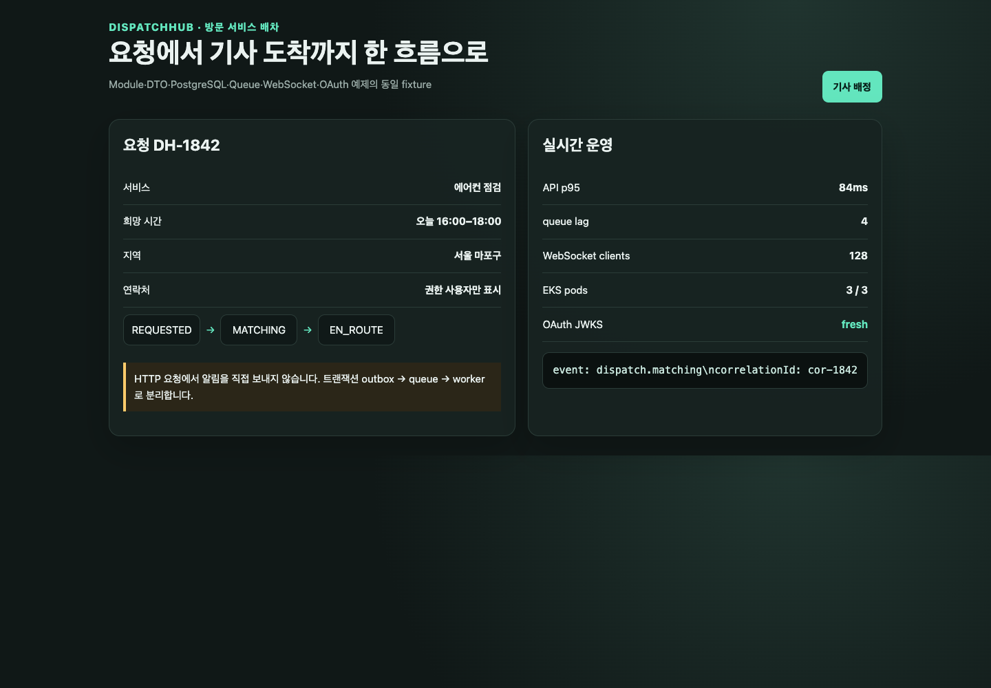 배차 요청과 queue·WebSocket·EKS 신호를 보여 주는 DispatchHub 화면