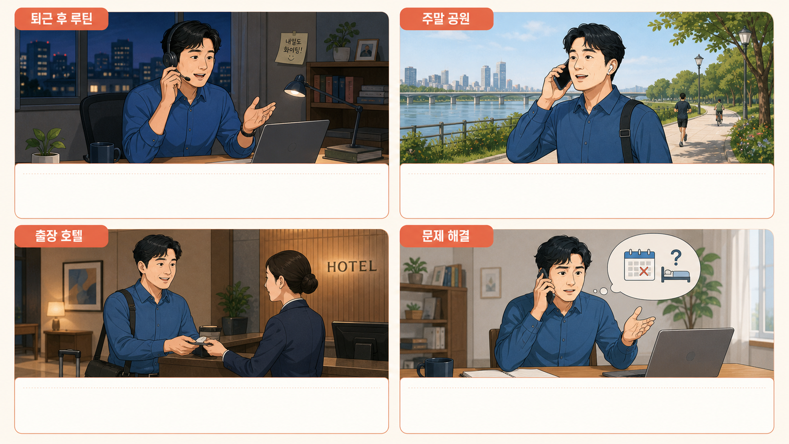 같은 가상 독자 지훈이 퇴근 후 루틴·주말 공원·출장 호텔·예약 문제 해결을 연습하는 네 장면