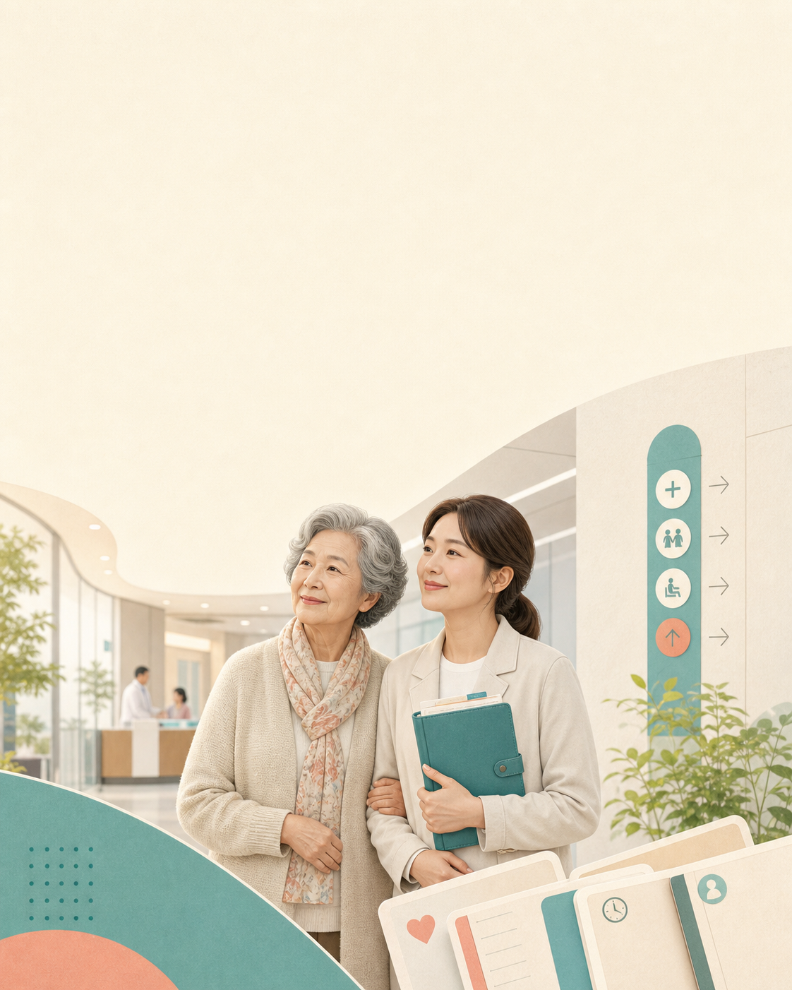 병원에서 부모와 함께 진료 노트를 든 동행자