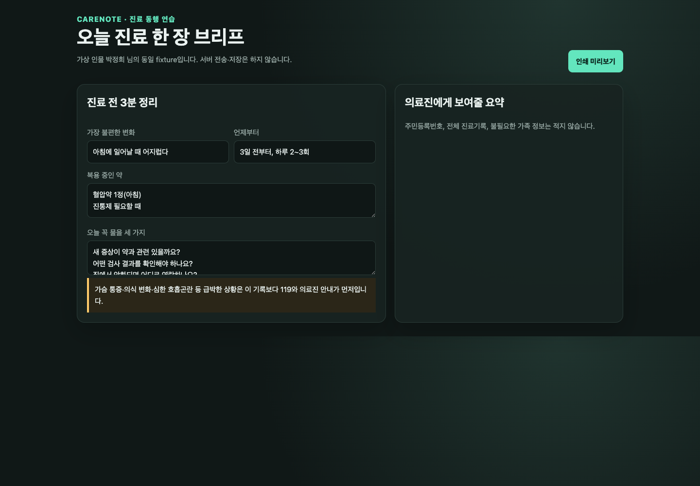 책과 동일한 가상 환자 데이터가 입력된 CareNote 화면