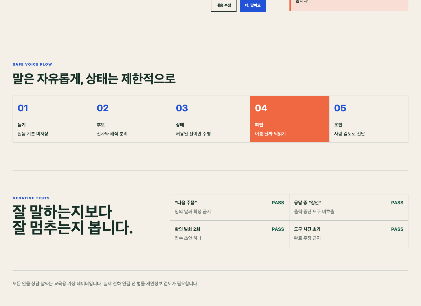 CallGarden의 안전 흐름과 네 가지 네거티브 테스트 결과를 보여 주는 동일 실습 화면
